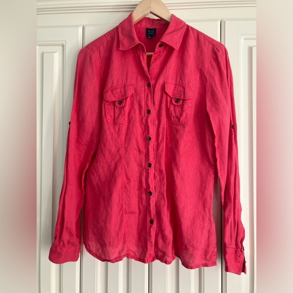 BLUE 100% Linen Saks Fifth Avenue Vintage Roll Tab Sleeve Button Down Blouse M - Picture 1 of 5